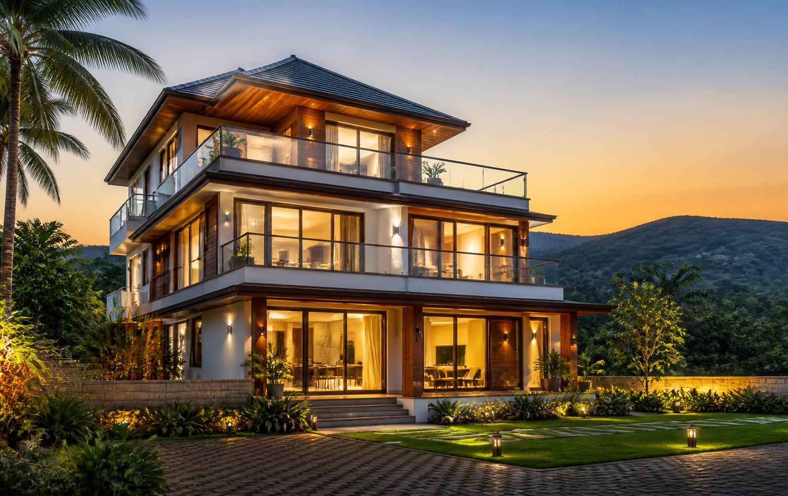 Modern three-storey home built by Ghogale Construction Service at sunset